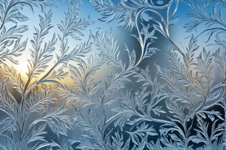 Sunrise scene of ice flowers on the windowの素材