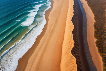 Overlooking the beach with waves and sandの素材
