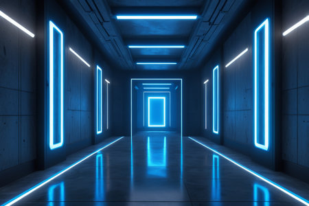 Futuristic blue light up corridor sceneの素材