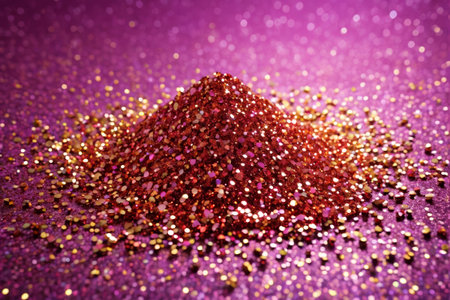 Red shiny sequin pile on purple backgroundの素材