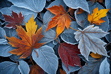 Close up of frosted autumn maple leavesの素材