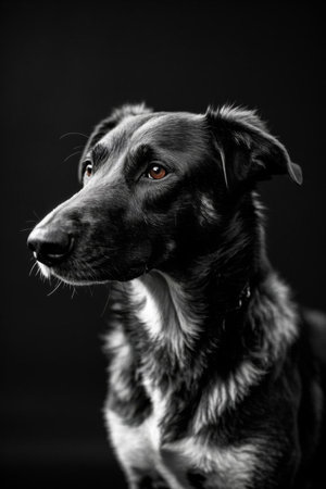 Close up of a dog in black and white tonesの素材