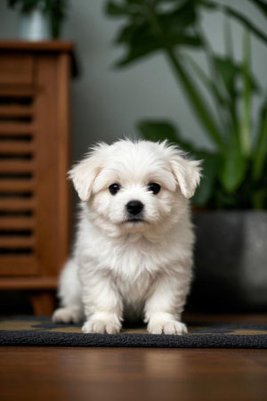 Close up of cute white puppy indoorsの素材