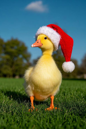 A little rubber duck in a Santa hat stands on the grassの素材