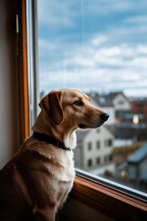 Pet dog looking out the windowの素材