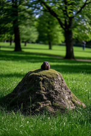 Squirrels on tree stumps in grassの素材