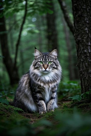 Close up of a long haired cat in the forestの素材