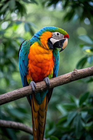 Colorful macaws perch on branchesの素材