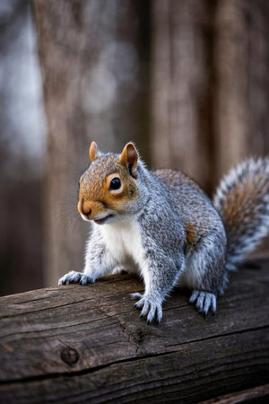 Close up of a squirrel standing on woodの素材