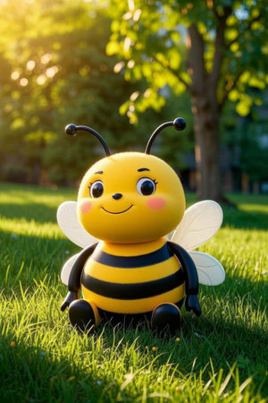 Cute bee doll on the grassの素材