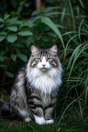 Long haired cat sitting in the grassの素材