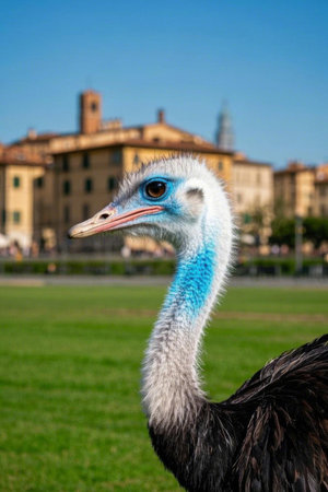 Close up of an ostrich in an urban green spaceの素材