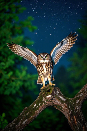 Owl with wings spread on branchesの素材