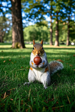 Squirrel holding a nut in the grassの素材
