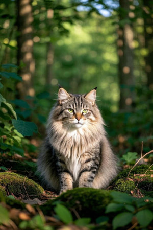 Long haired cat sitting in the forestの素材