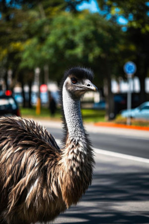 Close up of an ostrich on the roadsideの素材