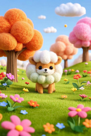 Plush style puppy in a flower and grass sceneの素材