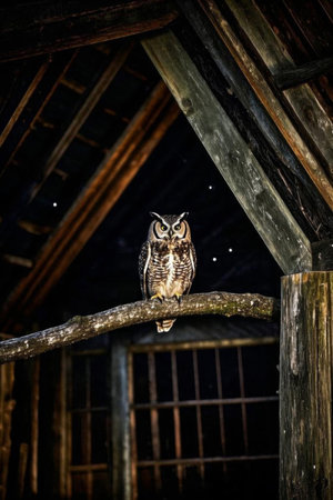 Owls perched under wooden eavesの素材