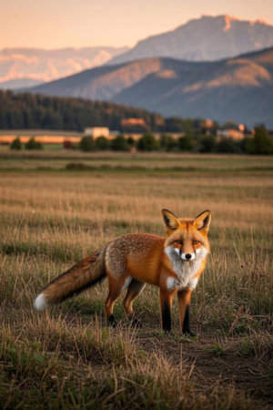 Foxes in the fields and distant mountain landscapesの素材