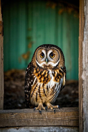 Close up of an owl on a wooden frameの素材