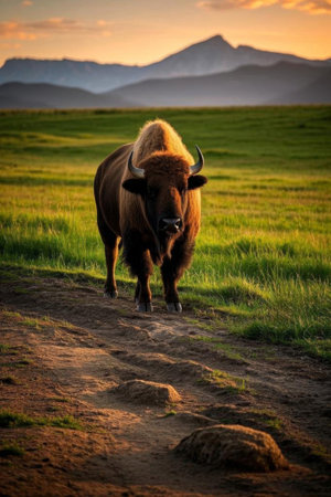 Close up of bison on the grasslandの素材