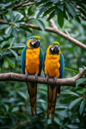 Two colorful parrots on a branchの素材