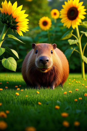 Capybara in a field of sunflowersの素材