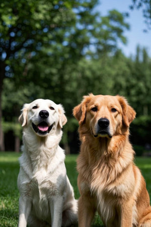 Two pet dogs sitting on the grassの素材