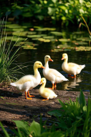 A few little rubber ducks standing by the waterの素材
