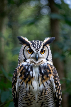 Close up of an owl with a bright gazeの素材