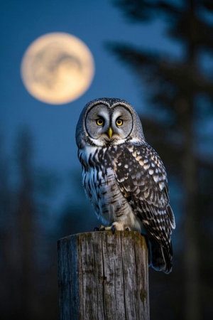 Owl standing on a stake under a moonlit nightの素材