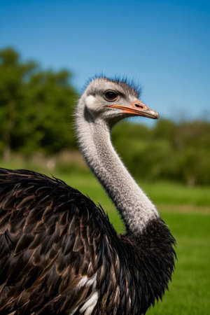 Close up of an ostrich on the grasslandの素材
