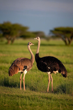 Two ostriches on the grasslandの素材
