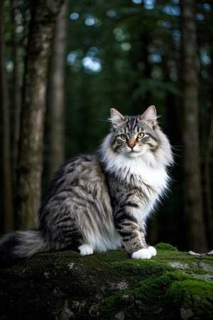 Long haired tabby cat sitting in the forestの素材