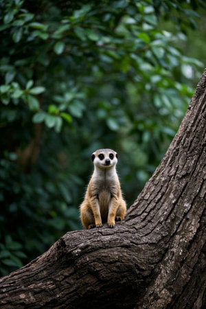 Close up of a meerkat on a tree branchの素材