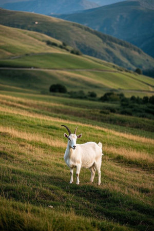Goats on the meadow and hill sceneryの素材