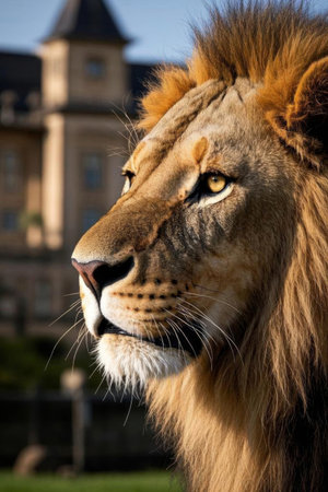 Lion close up with European style architecture in the backgroundの素材