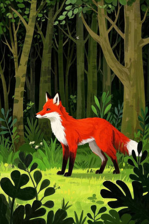 Illustration of a red fox standing in the forestの素材