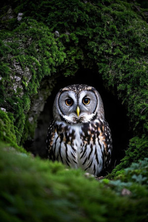 Close up of an owl in a tree holeの素材