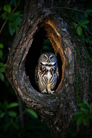 Close up of an owl in a tree holeの素材