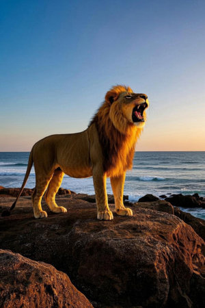 A lion roaring on the rocks by the seaの素材