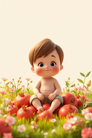 Cartoon toddler sitting among pomegranate flowersの素材