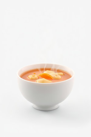 Hot soup and food in white bowlsの素材