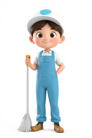 Cartoon image of a little boy worker holding a broomの素材