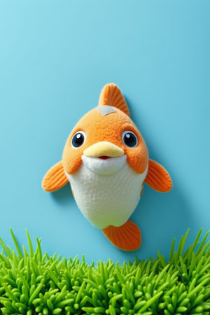 Orange goldfish plush toy on blue backgroundの素材