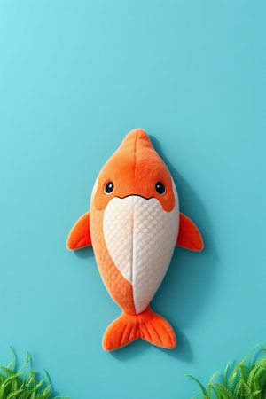 Orange fish shaped plush toy on a blue backgroundの素材