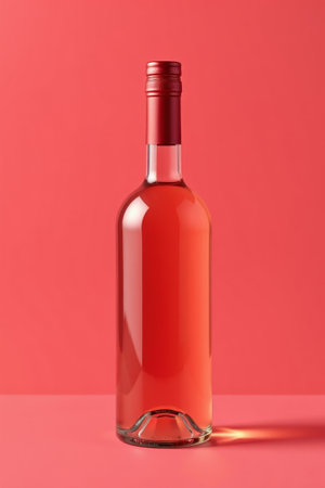 Glass wine bottle on red backgroundの素材