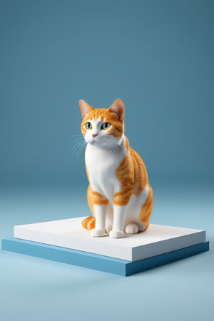 Orange and white cat on blue backgroundの素材