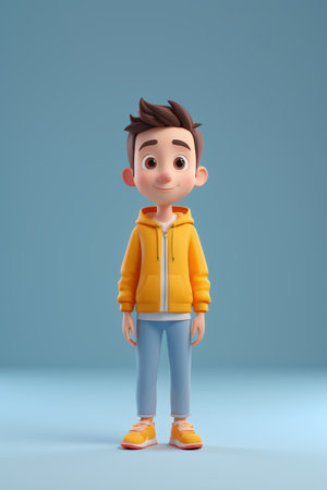 Standing cartoon boy in yellow coatの素材