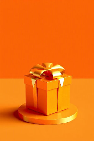 Gold gift box on orange backgroundの素材